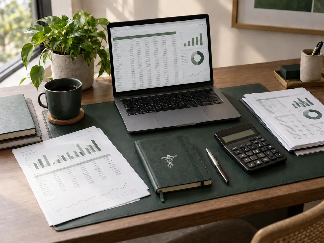 Mesa de escritório com notebook exibindo planilha financeira, relatórios impressos e calculadora